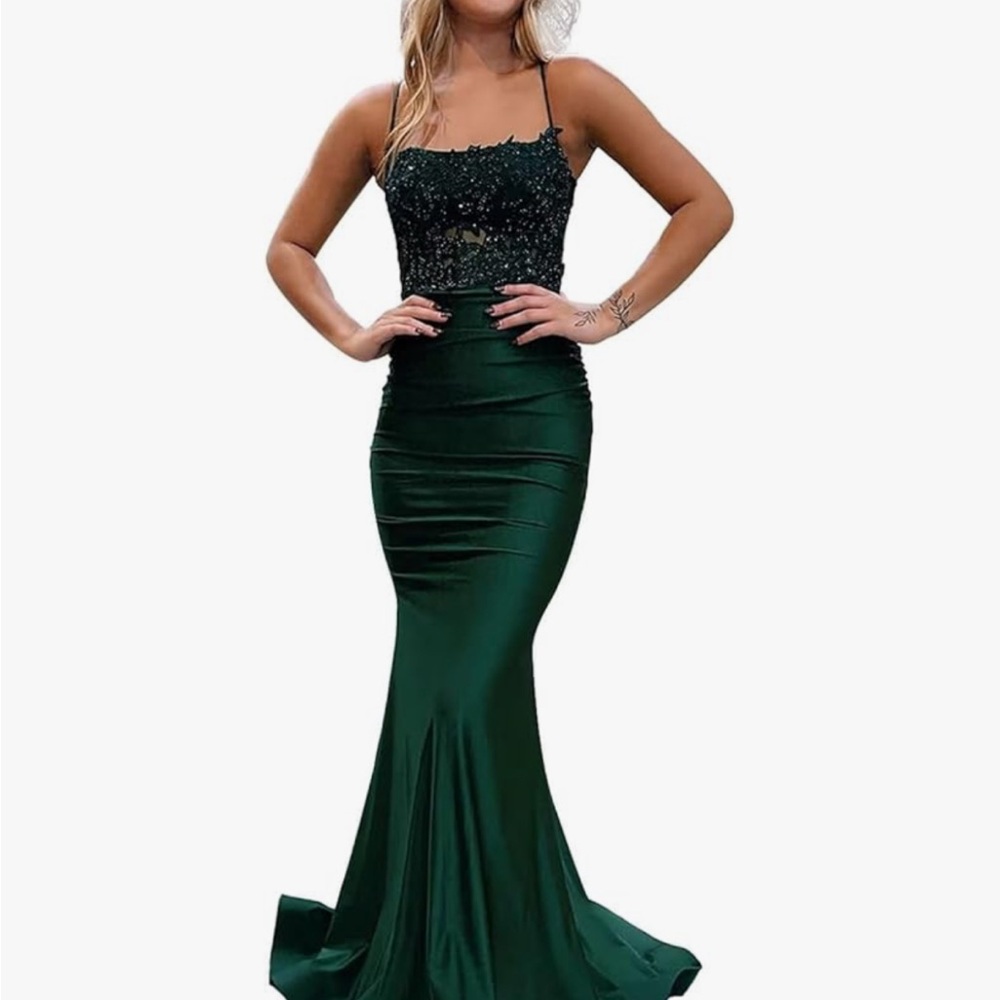 Satin Green Floral Prom Dress
